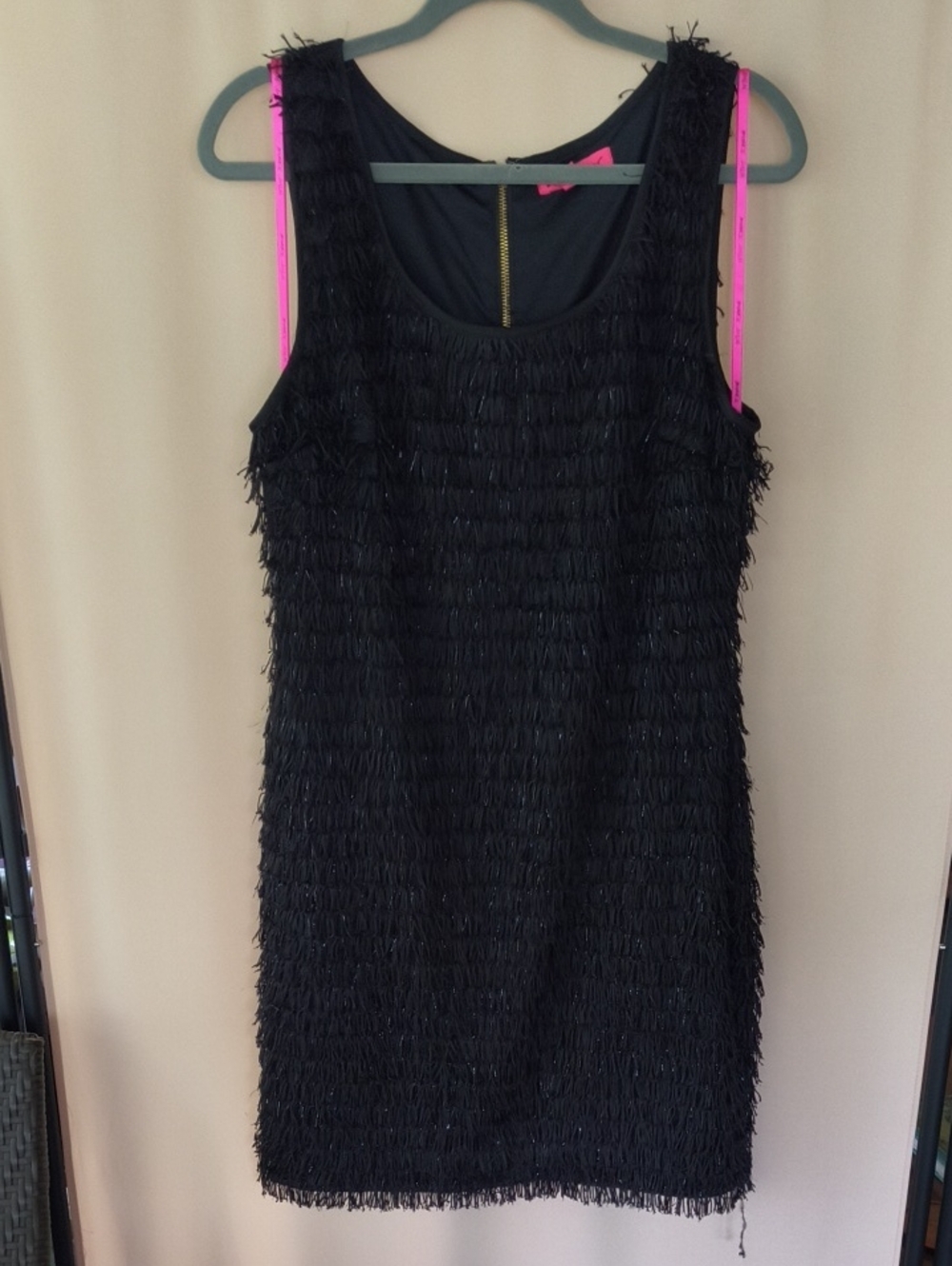 Betsey Johnson Black Fringe Mini Dress with Silver Sparkle Size 14